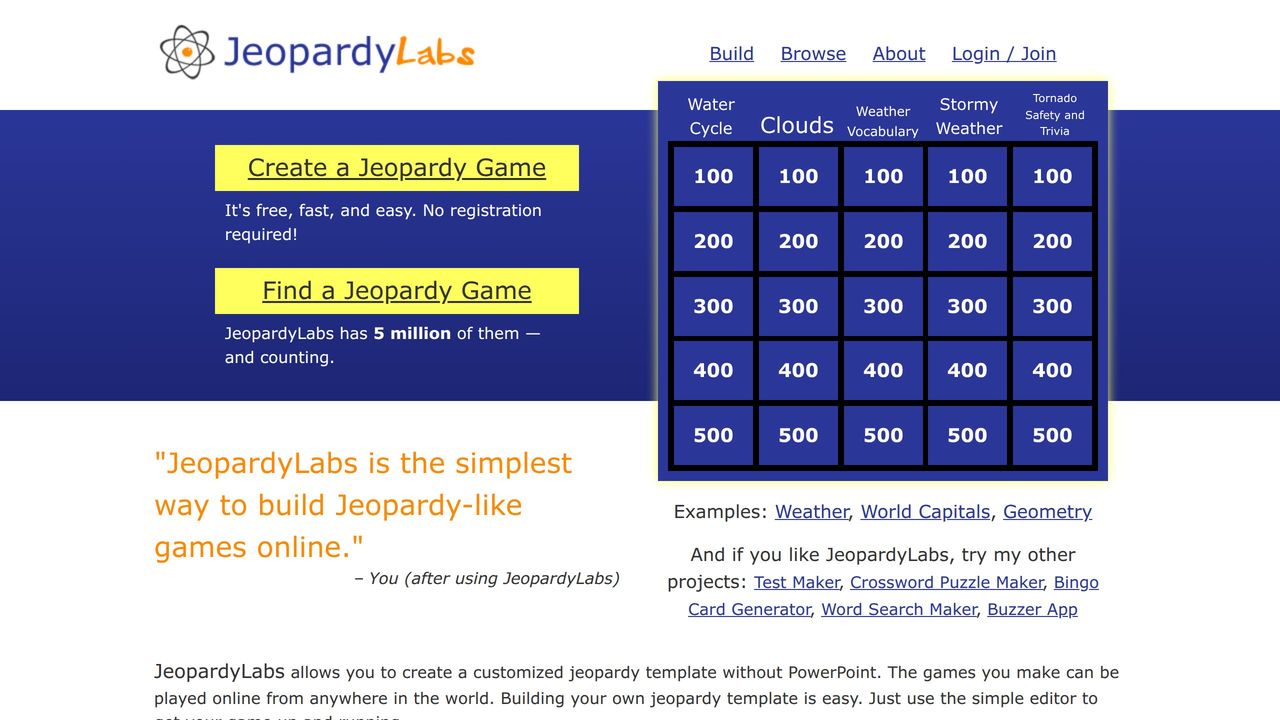 Screenshot of JeopardyLabs