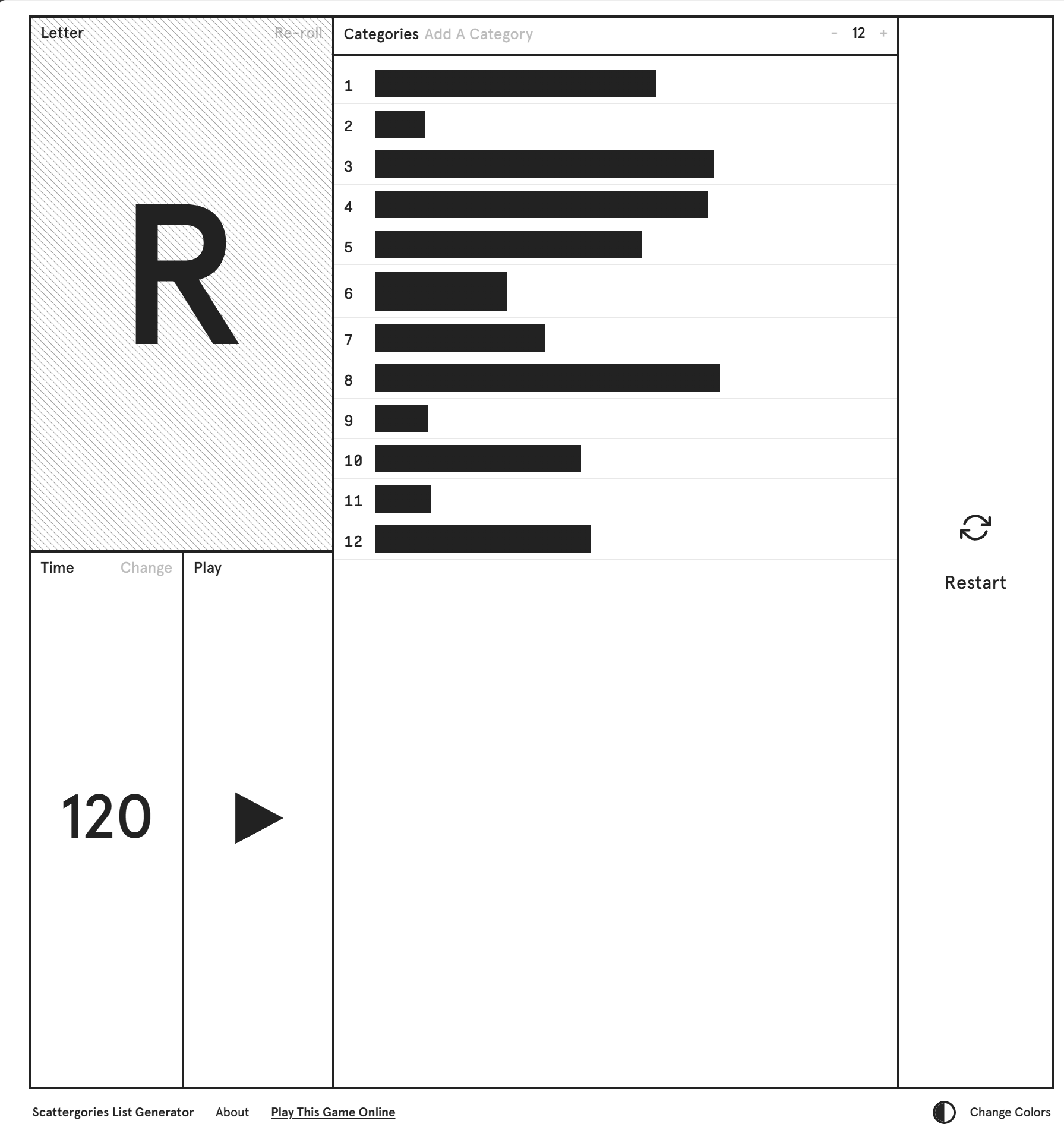 Screenshot of Scattergories Generator