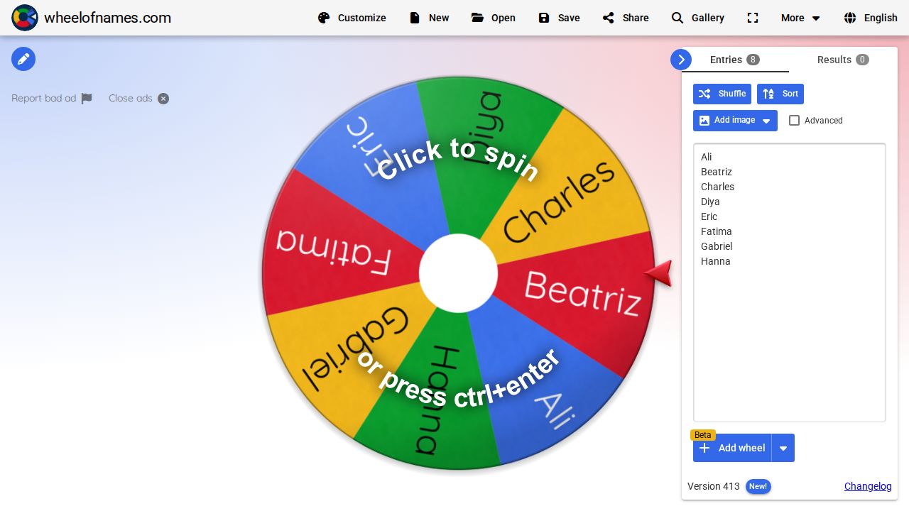 Screenshot of Wheel of Names